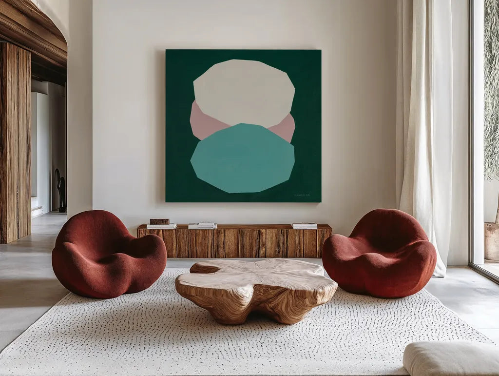 Trio by Danhui Nai. Shown as extra-large giant wall art in a modern living room. Available as an archival giclee rolled canvas, fine art paper, or poster print. SKU 85829a.