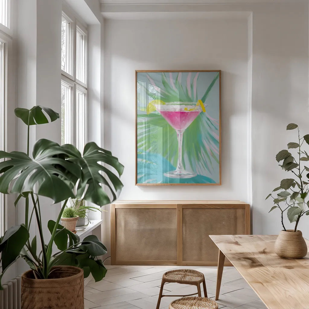 Tropical Cocktails II by Danhui Nai. shown as a print in a natural wood frame in a dining room. Available as a archival giclee rolled canvas, fine art paper, or poster print. SKU 92427h.