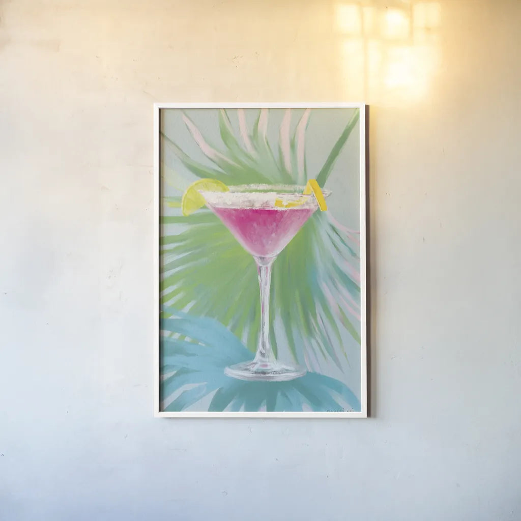 Tropical Cocktails II by Danhui Nai. shown as a paper print in a white frame. Available as a archival giclee rolled canvas, fine art paper, or poster print. SKU 92427h.