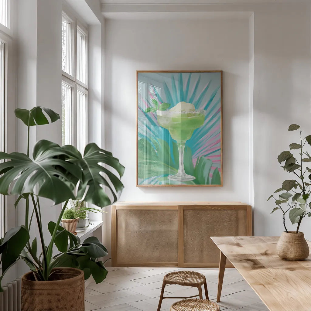 Tropical Cocktails III by Danhui Nai. shown as a print in a natural wood frame in a dining room. Available as a archival giclee rolled canvas, fine art paper, or poster print. SKU 92428h.