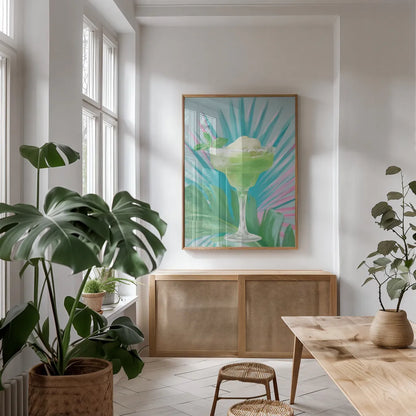 Tropical Cocktails III by Danhui Nai. shown as a print in a natural wood frame in a dining room. Available as a archival giclee rolled canvas, fine art paper, or poster print. SKU 92428h.