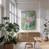 Tropical Cocktails IV by Danhui Nai. shown as a print in a natural wood frame in a dining room. Available as a archival giclee rolled canvas, fine art paper, or poster print. SKU 92429h.
