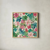 Tropical Dream Bright on Cream I Teal and Gold by Danhui Nai. Shown in a natural wood glass frame for a timeless modern aesthetic. Available as an archival giclee rolled canvas, fine art paper, or poster print. SKU 91552a.
