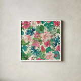 Tropical Dream Bright on Cream I Teal and Gold by Danhui Nai. Shown in a crisp white glass frame for a clean and minimalist style. Available as an archival giclee rolled canvas, fine art paper, or poster print. SKU 91552a.
