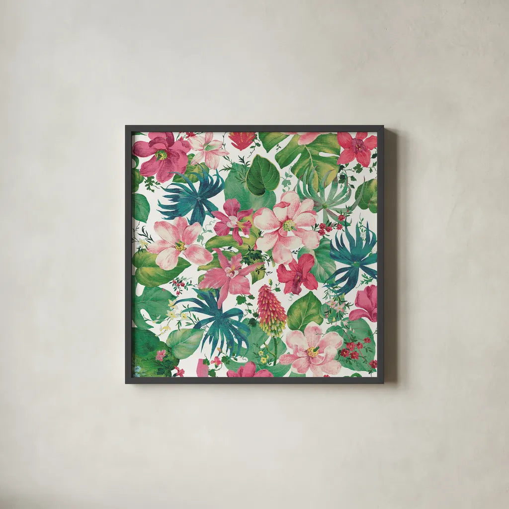 Tropical Dream Bright on White by Danhui Nai. Shown in a sleek black glass frame for a contemporary gallery look. Available as an archival giclee rolled canvas, fine art paper, or poster print. SKU 24675a.
