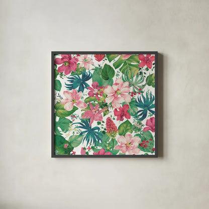 Tropical Dream Bright on White by Danhui Nai. Shown in a sleek black glass frame for a contemporary gallery look. Available as an archival giclee rolled canvas, fine art paper, or poster print. SKU 24675a.