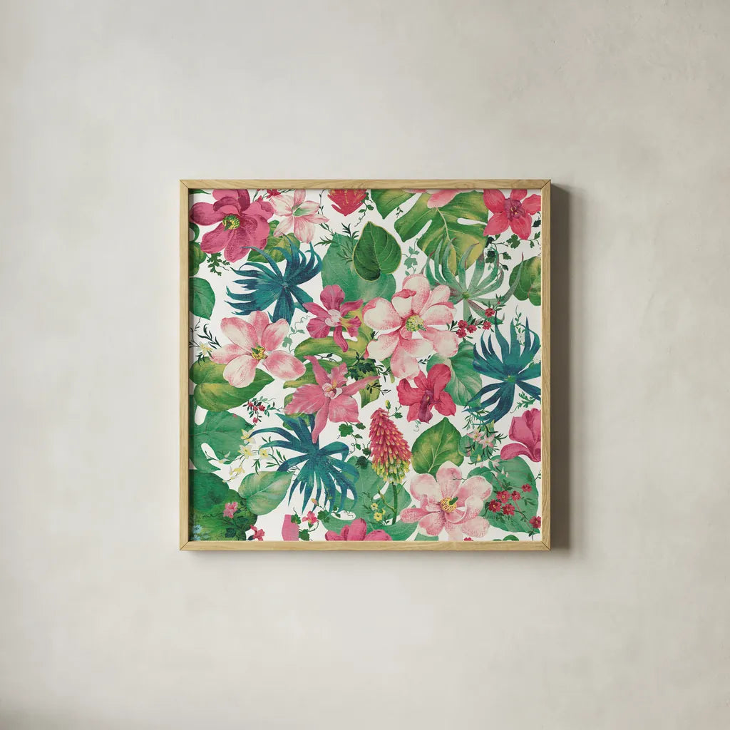 Tropical Dream Bright on White by Danhui Nai. Shown in a natural wood glass frame for a timeless modern aesthetic. Available as an archival giclee rolled canvas, fine art paper, or poster print. SKU 24675a.
