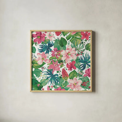 Tropical Dream Bright on White by Danhui Nai. Shown in a natural wood glass frame for a timeless modern aesthetic. Available as an archival giclee rolled canvas, fine art paper, or poster print. SKU 24675a.