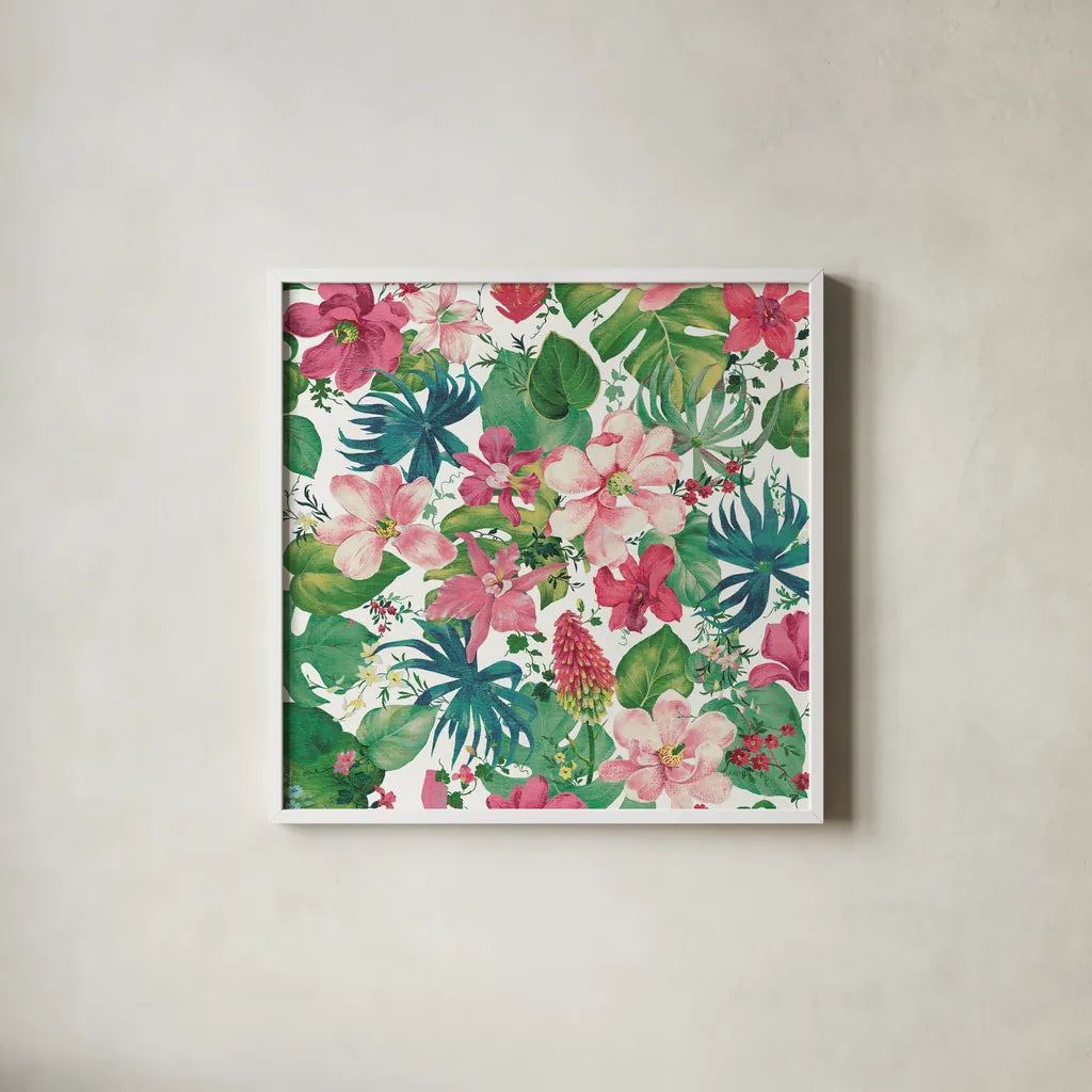 Tropical Dream Bright on White by Danhui Nai. Shown in a crisp white glass frame for a clean and minimalist style. Available as an archival giclee rolled canvas, fine art paper, or poster print. SKU 24675a.