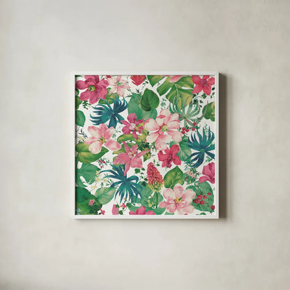 Tropical Dream Bright on White by Danhui Nai. Shown in a crisp white glass frame for a clean and minimalist style. Available as an archival giclee rolled canvas, fine art paper, or poster print. SKU 24675a.