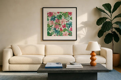 Tropical Dream Bright on White by Danhui Nai. Displayed in a glass frame with matte in a clean modern living room. Available as an archival giclee rolled canvas, fine art paper, or poster print. SKU 24675a.