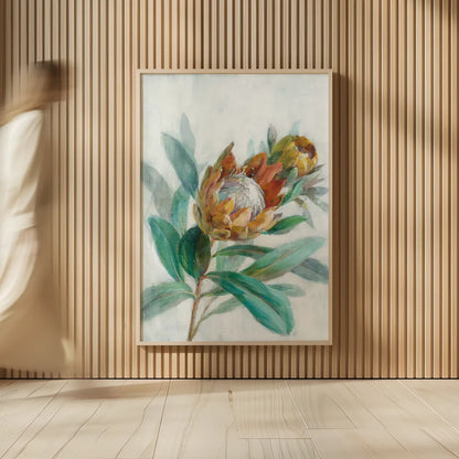 Tropical Protea by Danhui Nai. shown as over sized large wall art. Available as an archival giclee rolled canvas, fine art paper, or poster print. SKU 56275h.