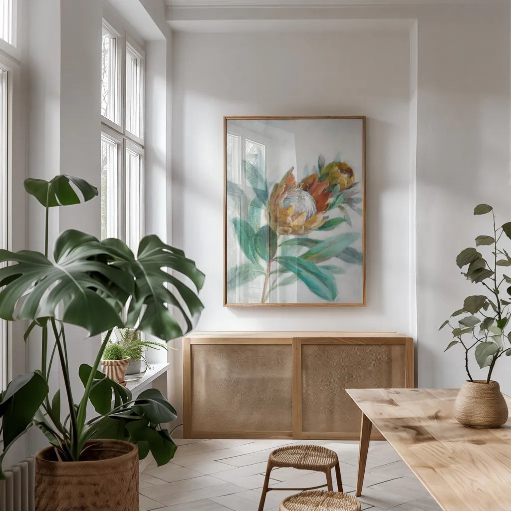 Tropical Protea by Danhui Nai. shown as a print in a natural wood frame in a dining room. Available as a archival giclee rolled canvas, fine art paper, or poster print. SKU 56275h.