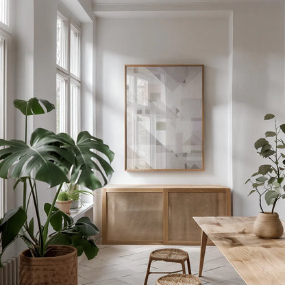 Try Angles IV Neutral Sage by Danhui Nai. shown as a print in a natural wood frame in a dining room. Available as a archival giclee rolled canvas, fine art paper, or poster print. SKU 59303h.
