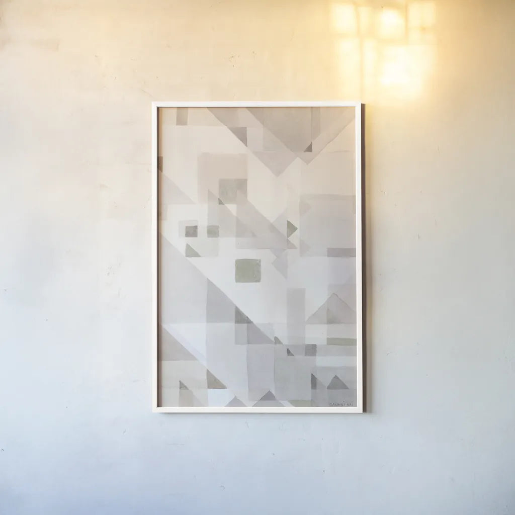Try Angles IV Neutral Sage by Danhui Nai. shown as a paper print in a white frame. Available as a archival giclee rolled canvas, fine art paper, or poster print. SKU 59303h.