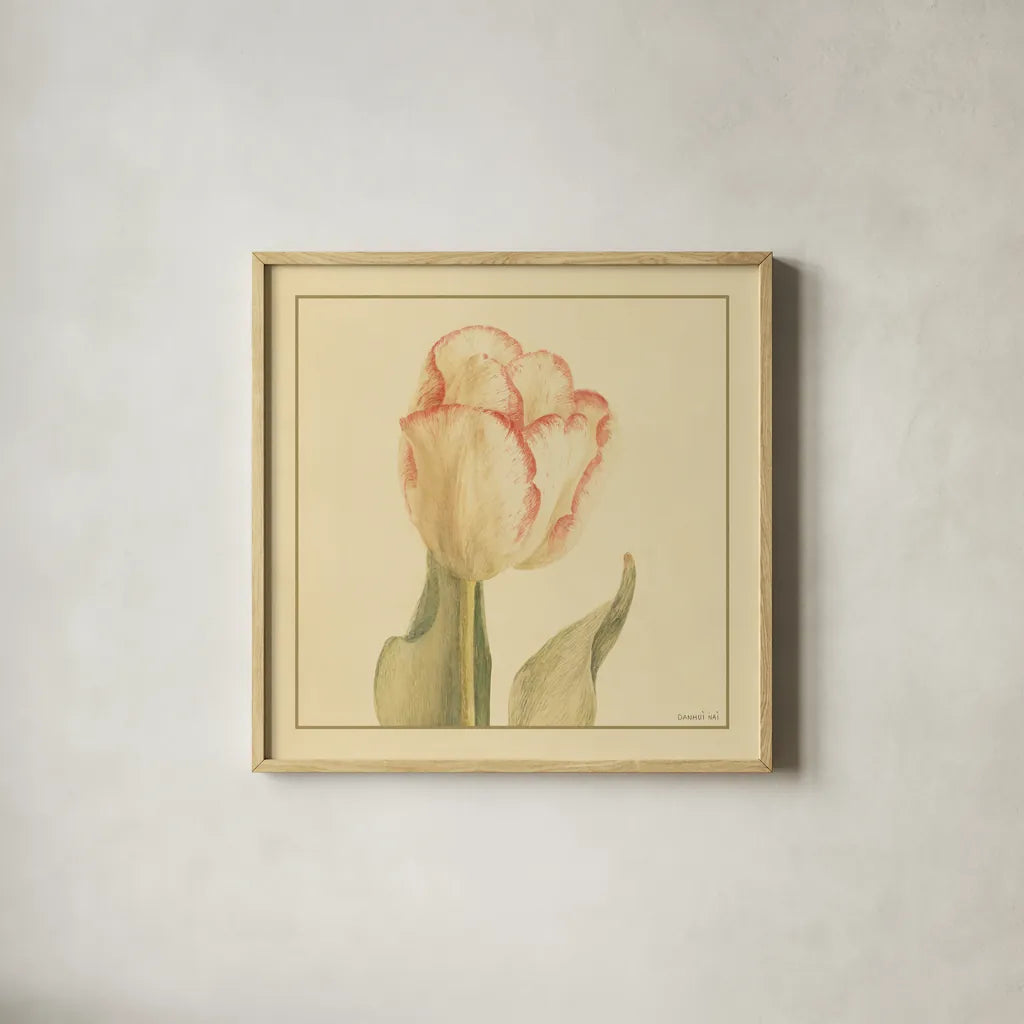 Tulip I by Danhui Nai. Shown in a natural wood glass frame for a timeless modern aesthetic. Available as an archival giclee rolled canvas, fine art paper, or poster print. SKU 5352a.