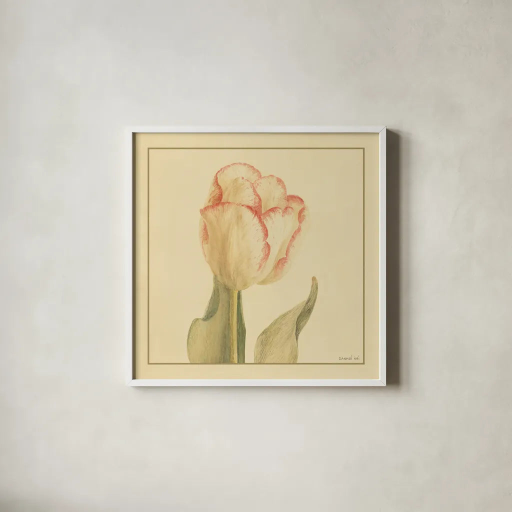 Tulip I by Danhui Nai. Shown in a crisp white glass frame for a clean and minimalist style. Available as an archival giclee rolled canvas, fine art paper, or poster print. SKU 5352a.