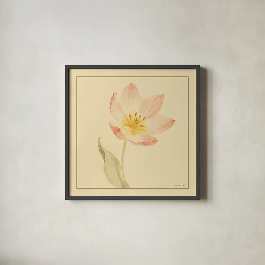 Tulip II by Danhui Nai. Shown in a sleek black glass frame for a contemporary gallery look. Available as an archival giclee rolled canvas, fine art paper, or poster print. SKU 5353a.