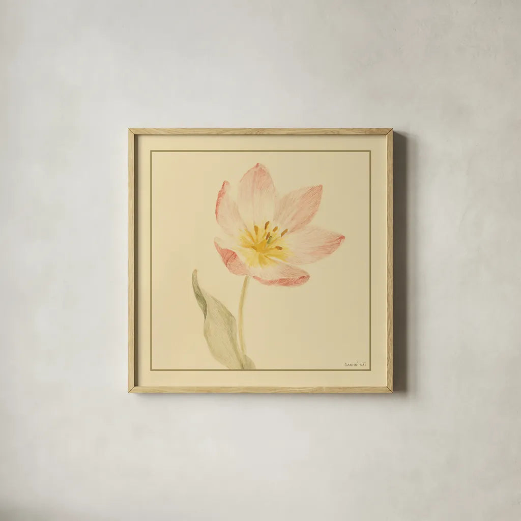 Tulip II by Danhui Nai. Shown in a natural wood glass frame for a timeless modern aesthetic. Available as an archival giclee rolled canvas, fine art paper, or poster print. SKU 5353a.