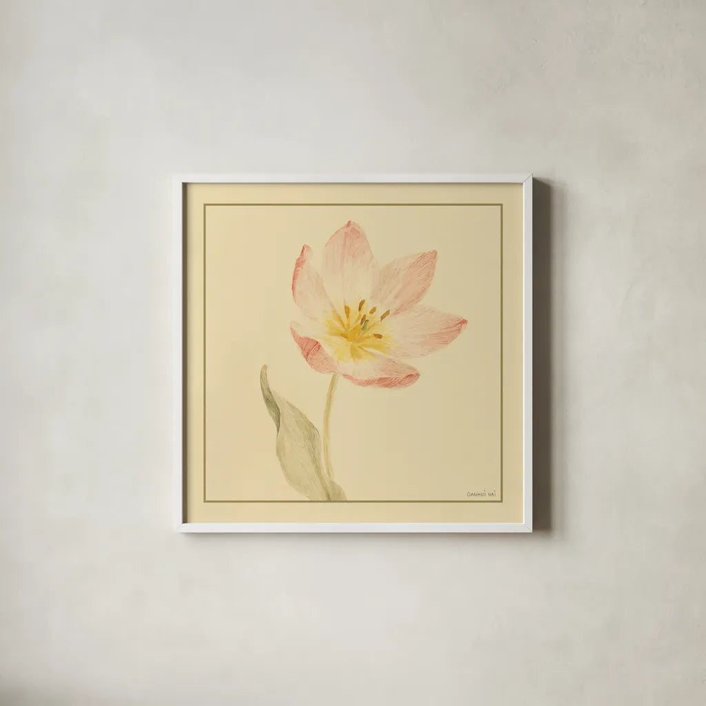 Tulip II by Danhui Nai. Shown in a crisp white glass frame for a clean and minimalist style. Available as an archival giclee rolled canvas, fine art paper, or poster print. SKU 5353a.