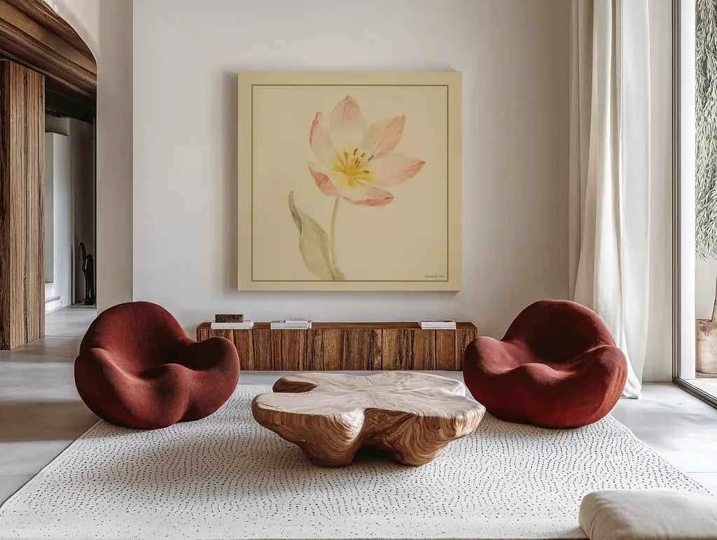 Tulip II by Danhui Nai. Shown as extra-large giant wall art in a modern living room. Available as an archival giclee rolled canvas, fine art paper, or poster print. SKU 5353a.