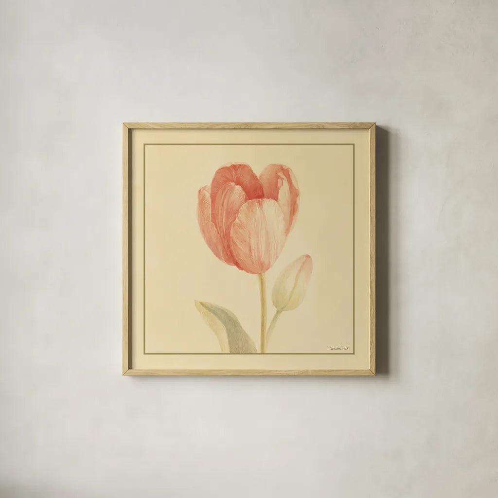Tulip III by Danhui Nai. Shown in a natural wood glass frame for a timeless modern aesthetic. Available as an archival giclee rolled canvas, fine art paper, or poster print. SKU 5354a.