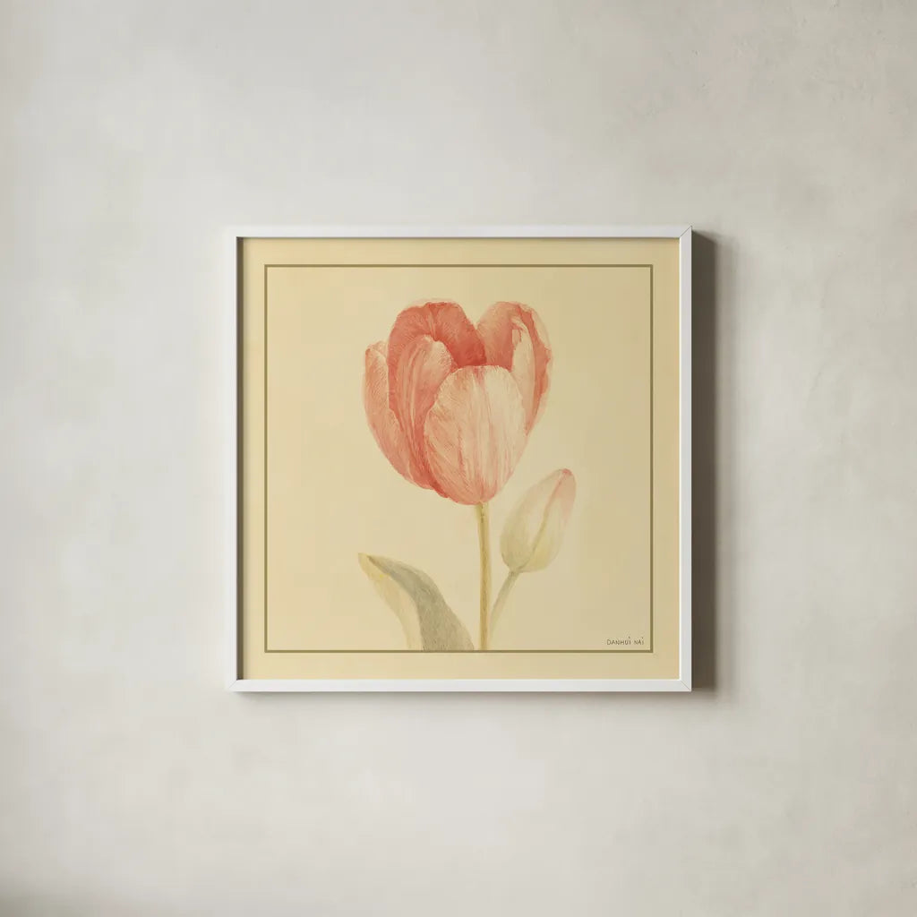 Tulip III by Danhui Nai. Shown in a crisp white glass frame for a clean and minimalist style. Available as an archival giclee rolled canvas, fine art paper, or poster print. SKU 5354a.