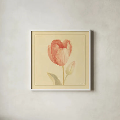 Tulip III by Danhui Nai. Shown in a crisp white glass frame for a clean and minimalist style. Available as an archival giclee rolled canvas, fine art paper, or poster print. SKU 5354a.