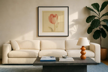 Tulip III by Danhui Nai. Displayed in a glass frame with matte in a clean modern living room. Available as an archival giclee rolled canvas, fine art paper, or poster print. SKU 5354a.