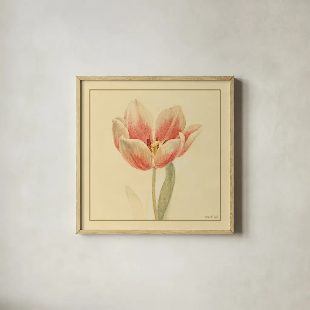 Tulip IV by Danhui Nai. Shown in a natural wood glass frame for a timeless modern aesthetic. Available as an archival giclee rolled canvas, fine art paper, or poster print. SKU 5355a.