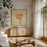Tulip IV by Danhui Nai. Shown in a natural wood frame in a cozy modern living room. Available as an archival giclee rolled canvas, fine art paper, or poster print. SKU 5355a.
