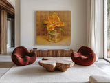Tulip in Glass by Danhui Nai. Shown as extra-large giant wall art in a modern living room. Available as an archival giclee rolled canvas, fine art paper, or poster print. SKU 36565a.