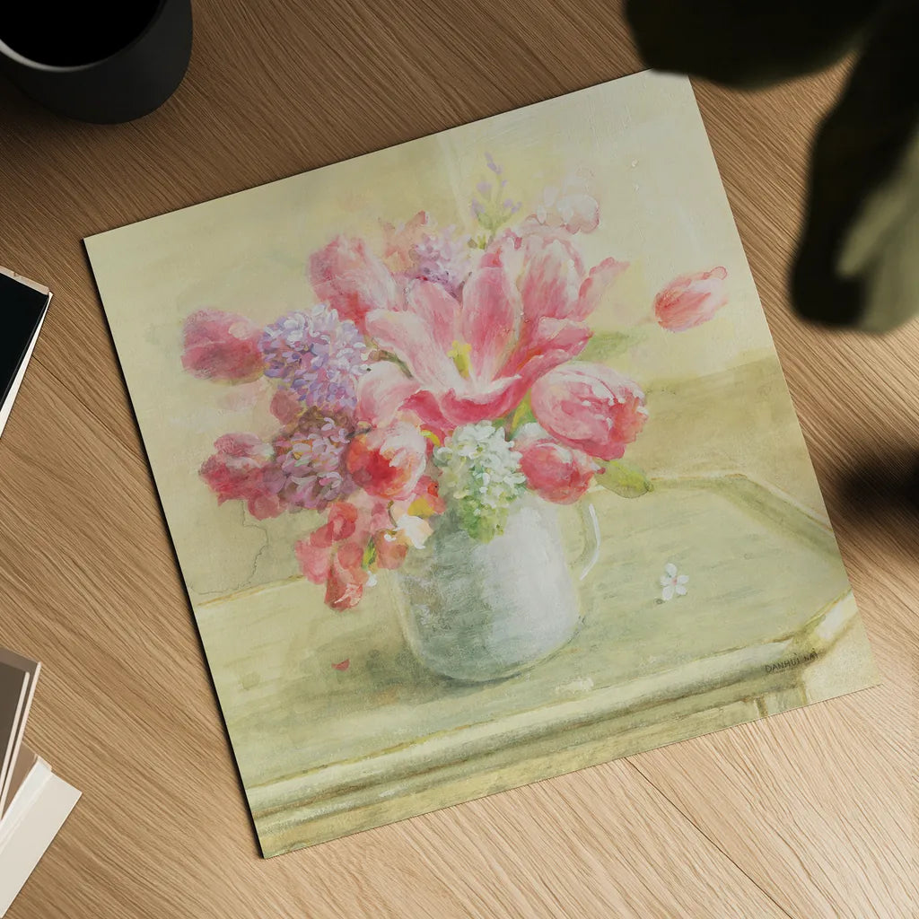 Tulips and Hyacinths on White by Danhui Nai. Shown as a detailed flat fine art print, highlighting archival giclee quality. Available as an archival giclee rolled canvas, fine art paper, or poster print. SKU 36563a.