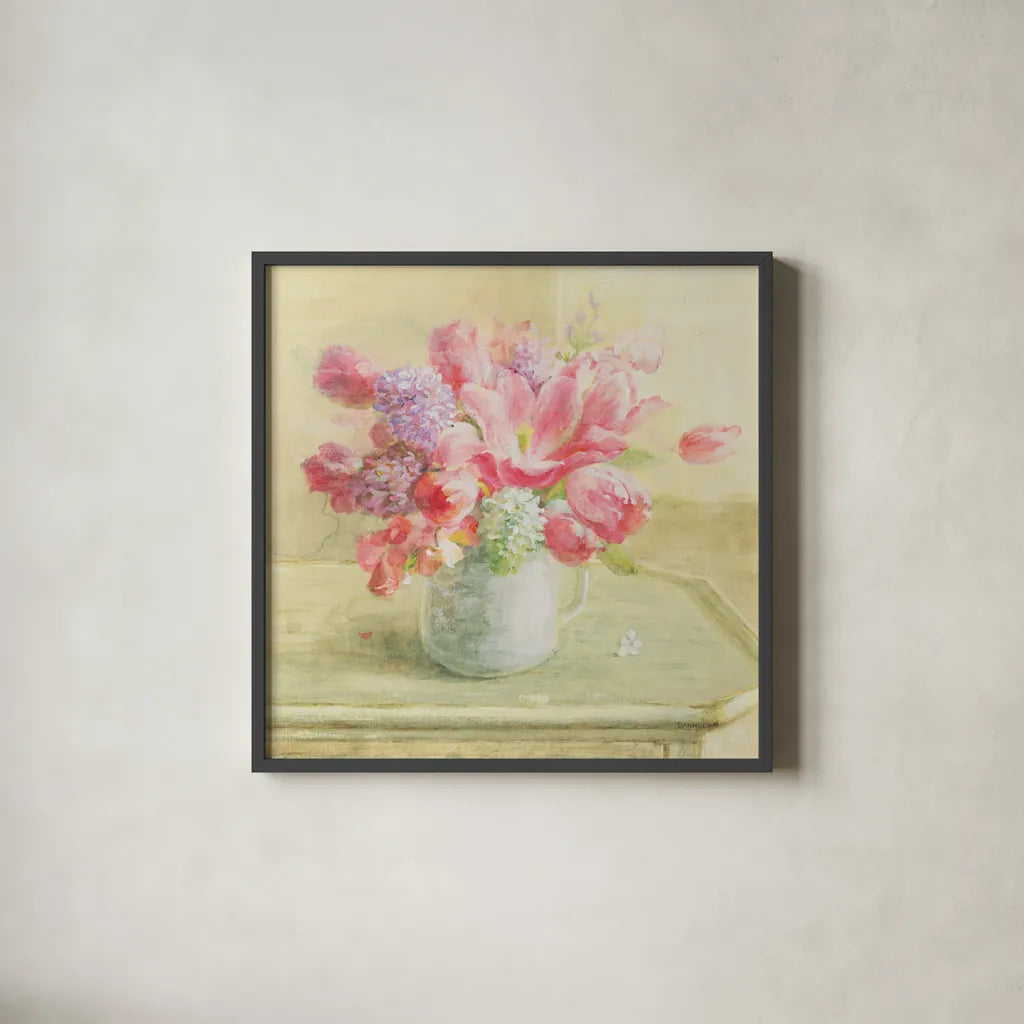 Tulips and Hyacinths on White by Danhui Nai. Shown in a sleek black glass frame for a contemporary gallery look. Available as an archival giclee rolled canvas, fine art paper, or poster print. SKU 36563a.