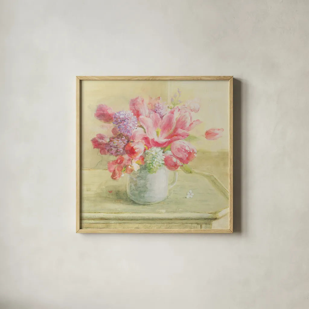 Tulips and Hyacinths on White by Danhui Nai. Shown in a natural wood glass frame for a timeless modern aesthetic. Available as an archival giclee rolled canvas, fine art paper, or poster print. SKU 36563a.