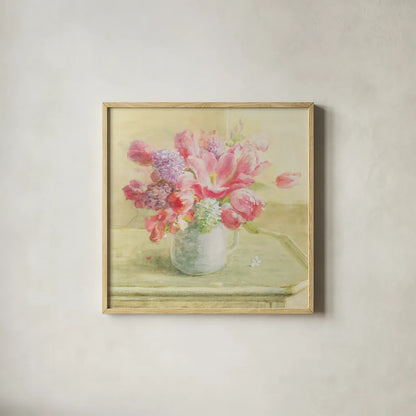 Tulips and Hyacinths on White by Danhui Nai. Shown in a natural wood glass frame for a timeless modern aesthetic. Available as an archival giclee rolled canvas, fine art paper, or poster print. SKU 36563a.