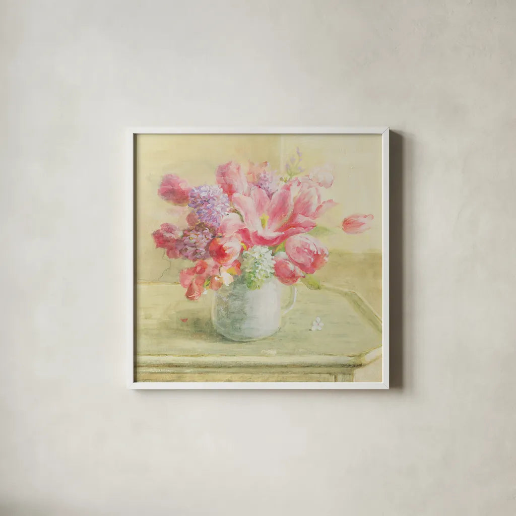 Tulips and Hyacinths on White by Danhui Nai. Shown in a crisp white glass frame for a clean and minimalist style. Available as an archival giclee rolled canvas, fine art paper, or poster print. SKU 36563a.