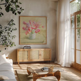 Tulips and Hyacinths on White by Danhui Nai. Shown in a natural wood frame in a cozy modern living room. Available as an archival giclee rolled canvas, fine art paper, or poster print. SKU 36563a.