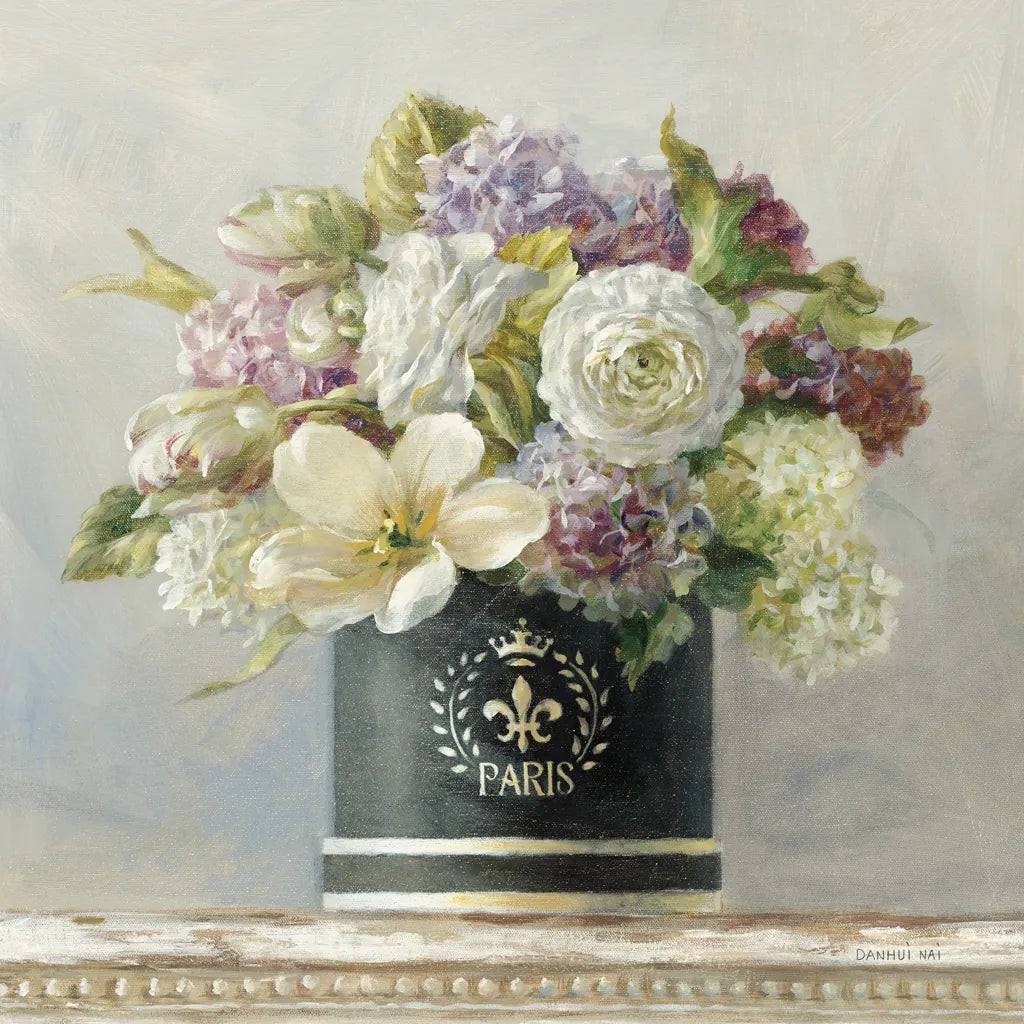 Tulips in Black and White Hatbox by Danhui Nai. SKU 10262a. Archival Giclee Fine art print for wall decor.