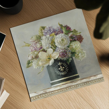 Tulips in Black and White Hatbox by Danhui Nai. Shown as a detailed flat fine art print, highlighting archival giclee quality. Available as an archival giclee rolled canvas, fine art paper, or poster print. SKU 10262a.