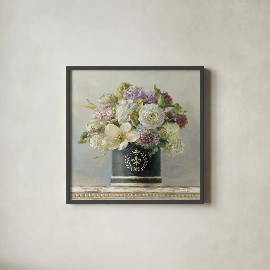 Tulips in Black and White Hatbox by Danhui Nai. Shown in a sleek black glass frame for a contemporary gallery look. Available as an archival giclee rolled canvas, fine art paper, or poster print. SKU 10262a.
