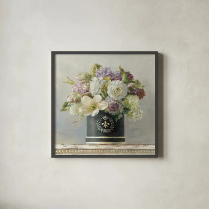 Tulips in Black and White Hatbox by Danhui Nai. Shown in a sleek black glass frame for a contemporary gallery look. Available as an archival giclee rolled canvas, fine art paper, or poster print. SKU 10262a.