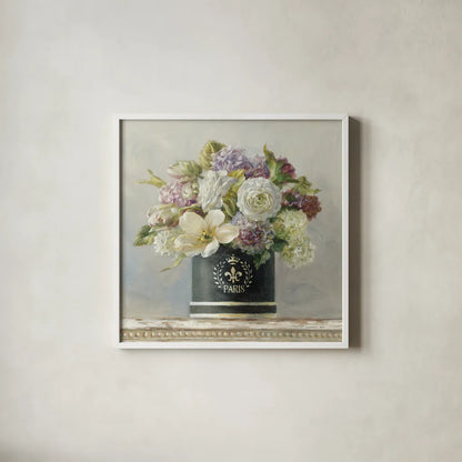 Tulips in Black and White Hatbox by Danhui Nai. Shown in a crisp white glass frame for a clean and minimalist style. Available as an archival giclee rolled canvas, fine art paper, or poster print. SKU 10262a.