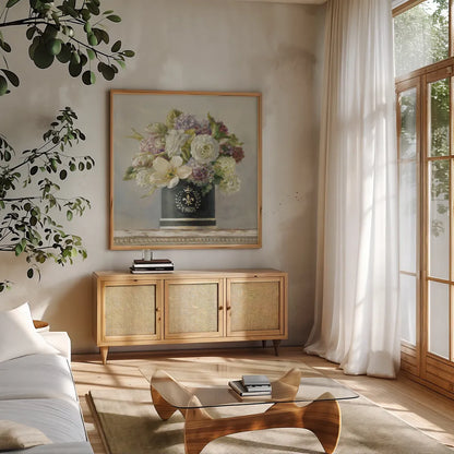 Tulips in Black and White Hatbox by Danhui Nai. Shown in a natural wood frame in a cozy modern living room. Available as an archival giclee rolled canvas, fine art paper, or poster print. SKU 10262a.