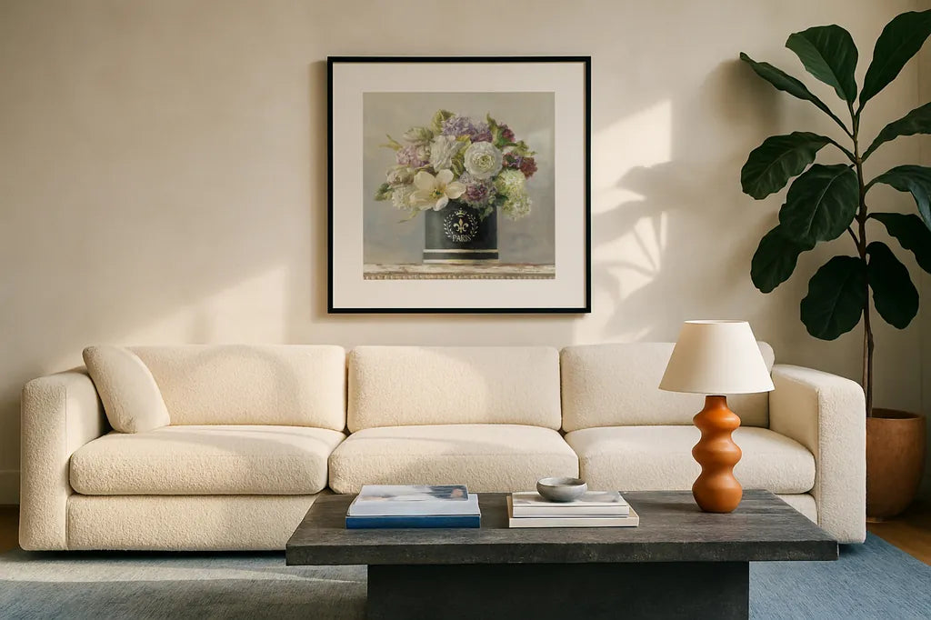 Tulips in Black and White Hatbox by Danhui Nai. Displayed in a glass frame with matte in a clean modern living room. Available as an archival giclee rolled canvas, fine art paper, or poster print. SKU 10262a.