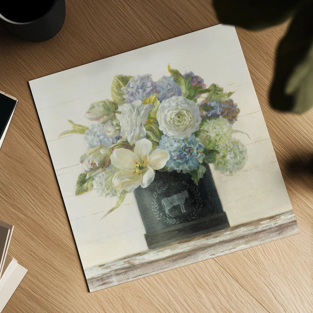 Tulips in Hatbox Shiplap by Danhui Nai. Shown as a detailed flat fine art print, highlighting archival giclee quality. Available as an archival giclee rolled canvas, fine art paper, or poster print. SKU 44818a.