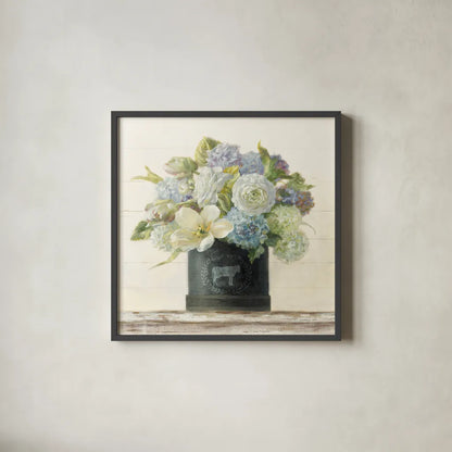 Tulips in Hatbox Shiplap by Danhui Nai. Shown in a sleek black glass frame for a contemporary gallery look. Available as an archival giclee rolled canvas, fine art paper, or poster print. SKU 44818a.