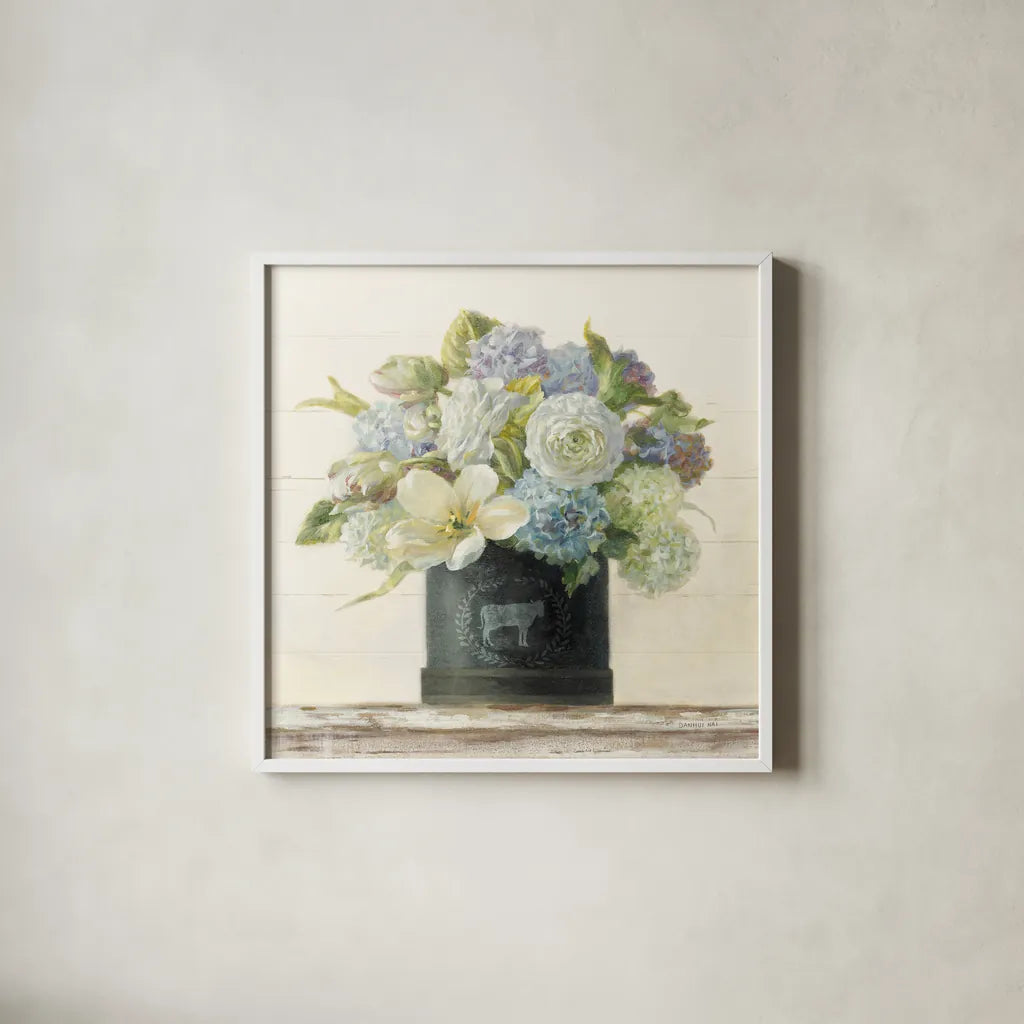 Tulips in Hatbox Shiplap by Danhui Nai. Shown in a crisp white glass frame for a clean and minimalist style. Available as an archival giclee rolled canvas, fine art paper, or poster print. SKU 44818a.