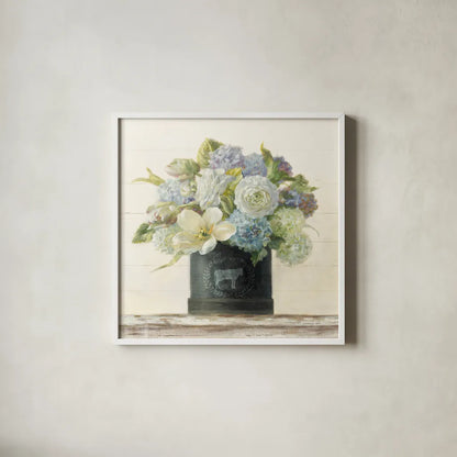 Tulips in Hatbox Shiplap by Danhui Nai. Shown in a crisp white glass frame for a clean and minimalist style. Available as an archival giclee rolled canvas, fine art paper, or poster print. SKU 44818a.