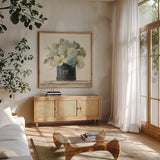 Tulips in Hatbox Shiplap by Danhui Nai. Shown in a natural wood frame in a cozy modern living room. Available as an archival giclee rolled canvas, fine art paper, or poster print. SKU 44818a.